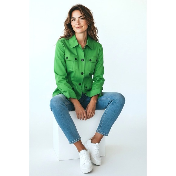 Tory Burch Jackets & Blazers - TORY BURCH kelly green logo button flap pocket womens utility jacket sz 10